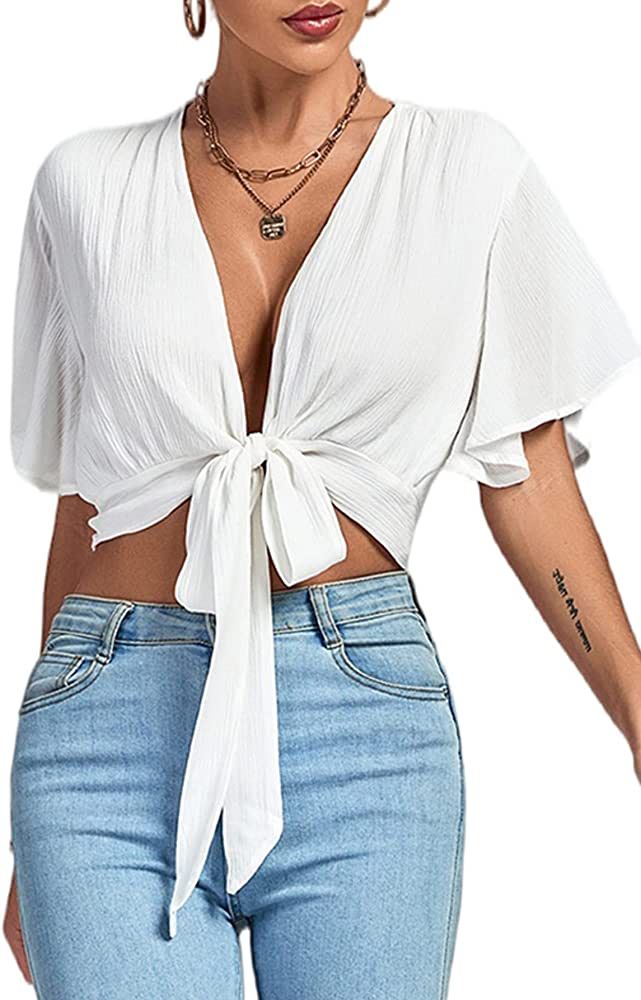 LYANER Women's Deep V Neck Tie Front Knot Wrap Ruffle Short Sleeeve Crop Top Blouse | Amazon (US)