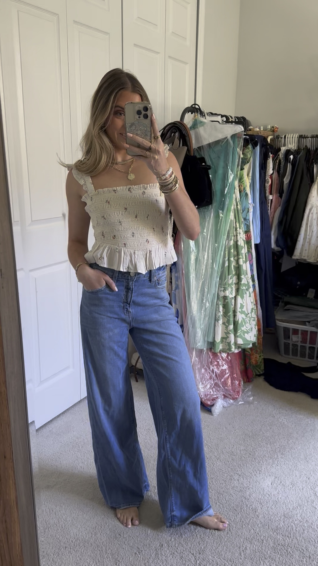 American Eagle haul! AE Bella Smocked Crop Top in size XS. A super comfy, fuss-free top for going out, school and everywhere in between, featuring a smock ed bodice that holds you in. AE Dreamy Drape Stretch Super High-Waisted Baggy Wide-Leg Jean in size 00. A super high rise & wide leg for a cool, slouchy fit. a big ole box of new American Eagle goodies the perfect pieces for spring and summer fashion I cannot wait to mix and match to create different outfits 😌💓 I am 5’4 and size 25 waist for reference. If you want to see a try on, LET ME KNOW!!! @American Eagle 

#americaneagle #americaneaglehaul #springfashion #springstyle #summerstyle #summerfashion #tryonhaul #tryon #tryonwithme #trendyoutfits #trendyclothes #styleinspo #trending #currentfashiontrend #fashiontrends #aerienewarrivals #americaneagleshorts #americaneagletryon #aegifted #aejeans spring fashion, spring style, American Eagle, American Eagle try on haul, new arrivals, summer fashion, warm weather outfits, AE jeans, jeans for summer. 

#LTKSaleAlert #LTKWatchNow #LTKFindsUnder50