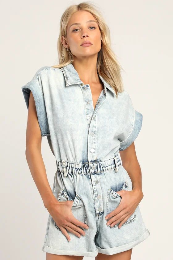 Time Zone Acid Wash Denim Short Sleeve Romper | Lulus (US)