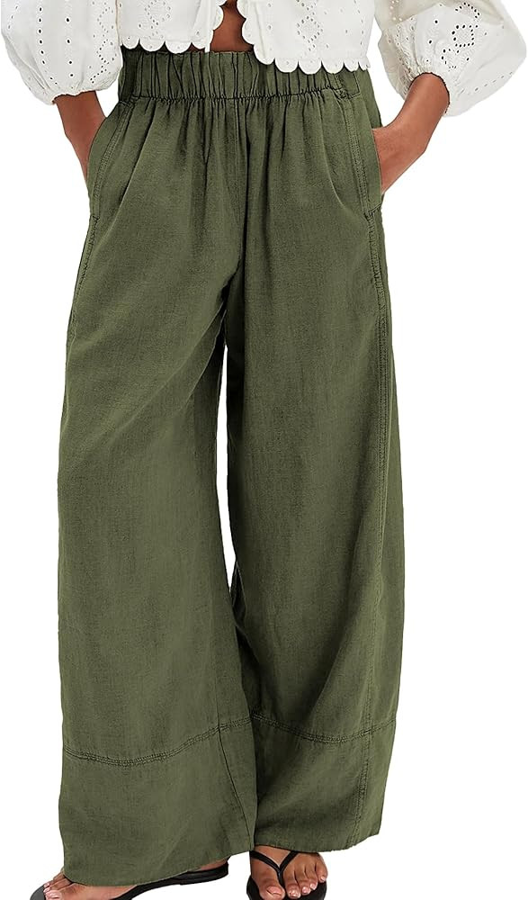 Linen Pants for Women Cotton Baggy Boho Casual Palazzo Pants Wide Leg Long Lounge Trousers with P... | Amazon (US)