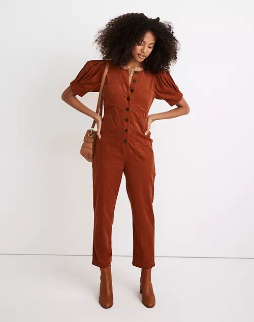 Corduroy Puff-Sleeve Button-Front Jumpsuit | Madewell