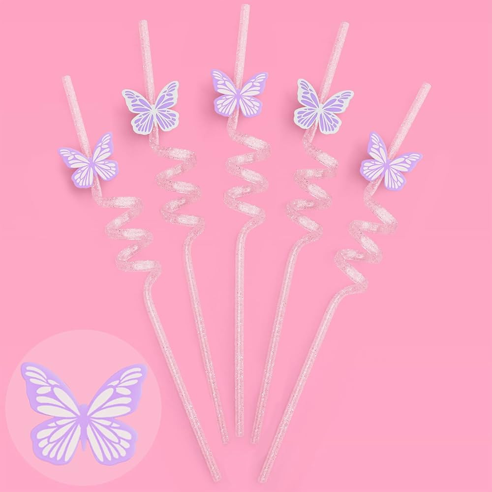 xo, Fetti Purple Butterfly Reusable Glitter Straw Set - 16 pc | Butterfly Bachelorette Decoration... | Amazon (US)
