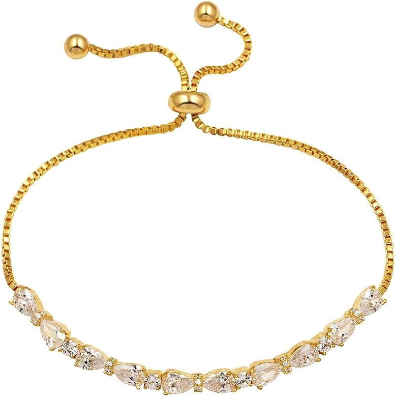 WeimanJewelry Real Gold Plated Adjustable Teardrop and Round Cut CZ Cubic Zirconia Bridal Chain Brac | Amazon (US)