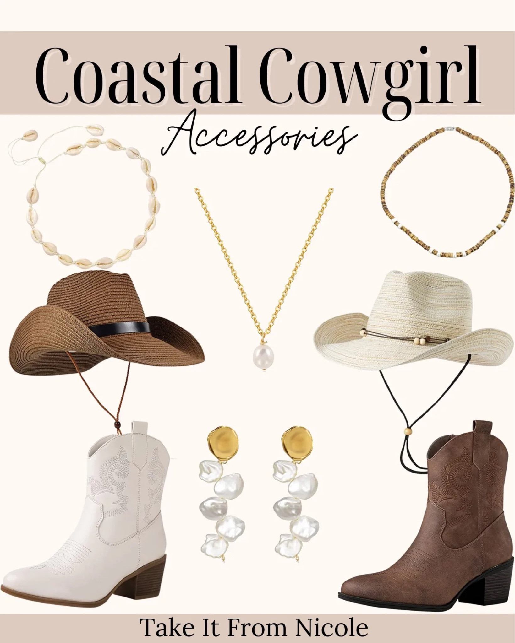 Coastal cowgirl accessories! Items include white cow girl boots, a brown cowgirl hat, gold jewelry, a white cowgirl hat, brown cowgirl boots. 

Coastal cowgirl aesthetic, country concert accessories  

#LTKunder100 #LTKSeasonal #LTKstyletip