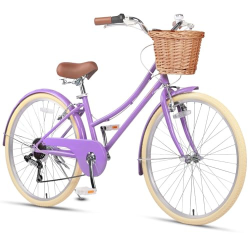 Glerc 26 Inch Beach Cruiser Bike, 6-Speed Hybrid City Bicycle for Girls Youth and Over 6 Years Old, Missy Bike with Wicker Basket & Lightweight, Purple | Amazon (US)