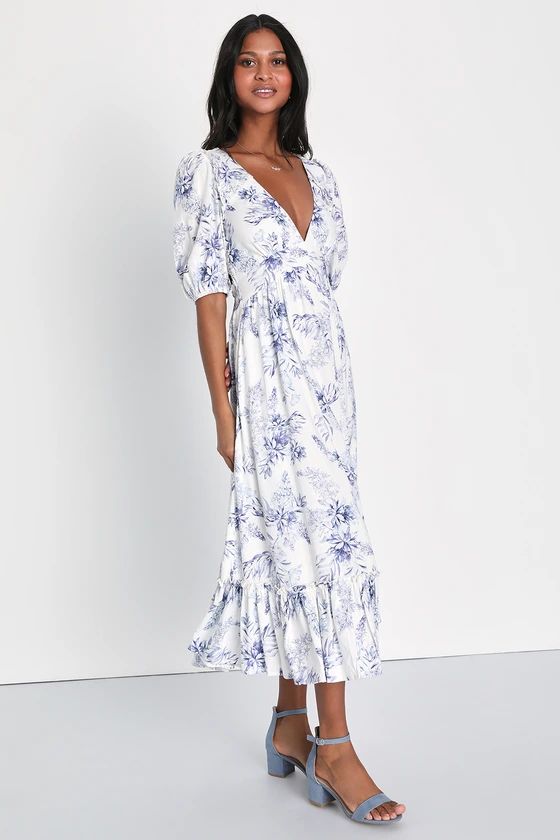 Precious Forever White Floral Puff Sleeve Backless Midi Dress | Lulus (US)
