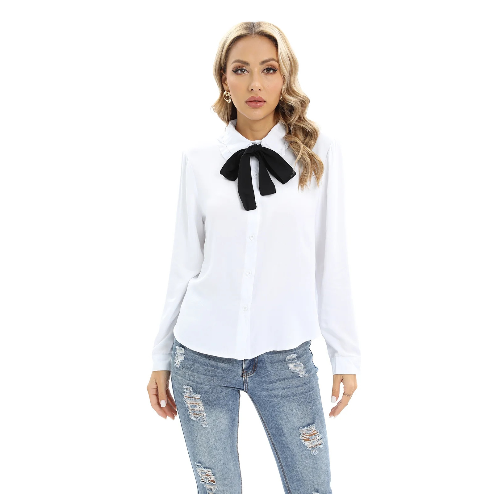 Xmarks Women's Solid Elegant Bow Tie Neck Long Sleeve Work Office Blouse Top White US 6 | Walmart (US)