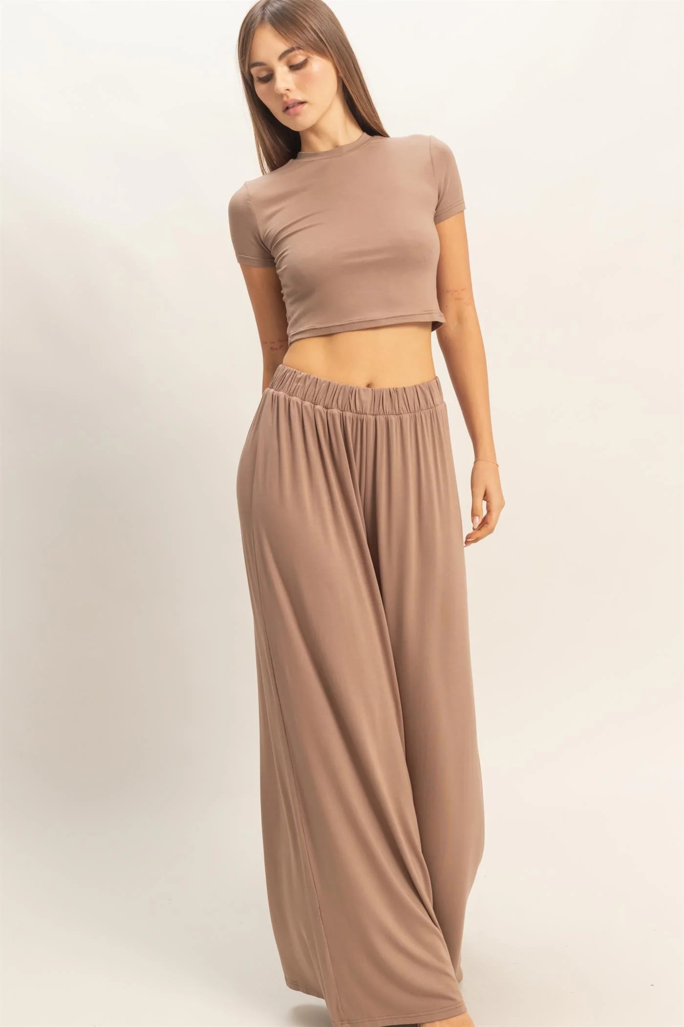 Dark Taupe Short Sleeve Crop Top Wide Leg Pant Set | PinkBlush Maternity