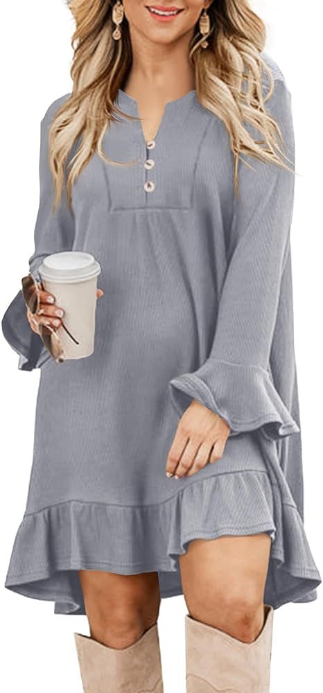 Imysty Women's Casual T-Shirt Dress Button V-Neck Bell Long Sleeve Swing Mini Dresses | Amazon (US)