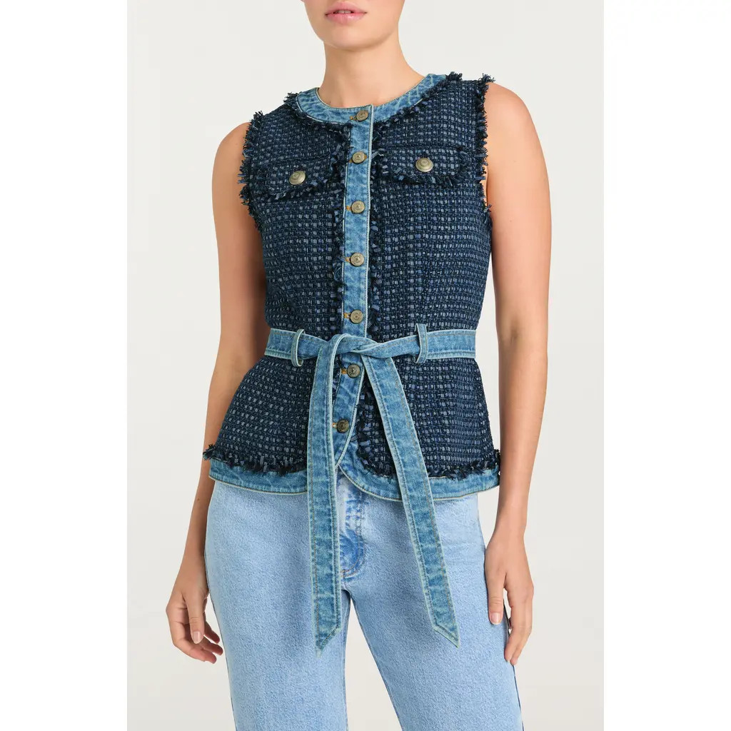 Cinq à Sept Joans Belted Tweed Denim Trim Vest in Blue Haze/Indigo Multi at Nordstrom, Size Small | Nordstrom