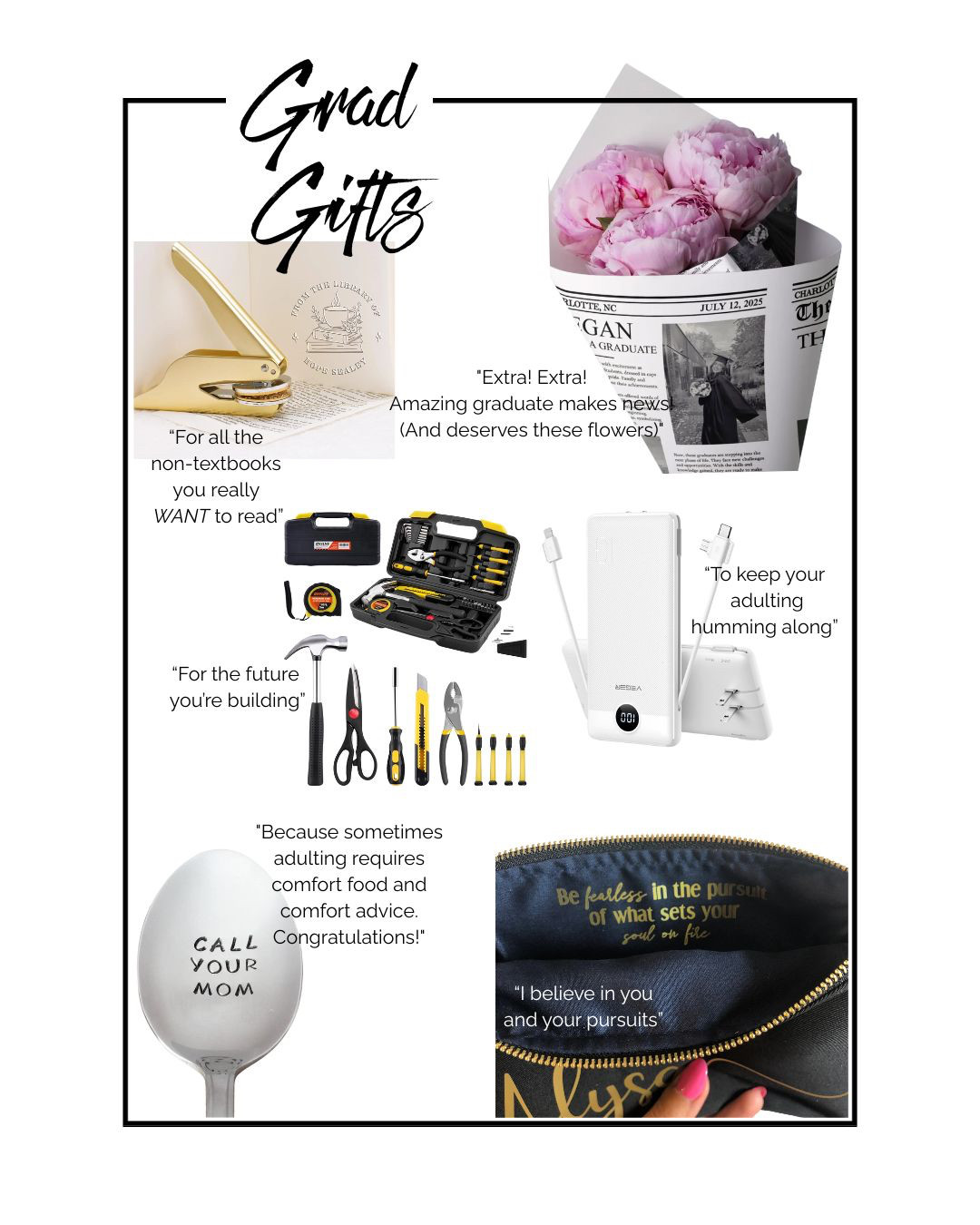 Graduation gifts that matter! Beyond just cash (though let's be honest, they want that too!) 💸 These practical graduation presents are personalize with suggested messages that elevate them: 'For all the non-textbooks you WANT to read' with a book embosser and 'To keep your adulting humming along' with a portable charger. Meaningful gifts don't need to be expensive—just intentional! 

 #LTKGiftGuide #LTKU #LTKFindsUnder50