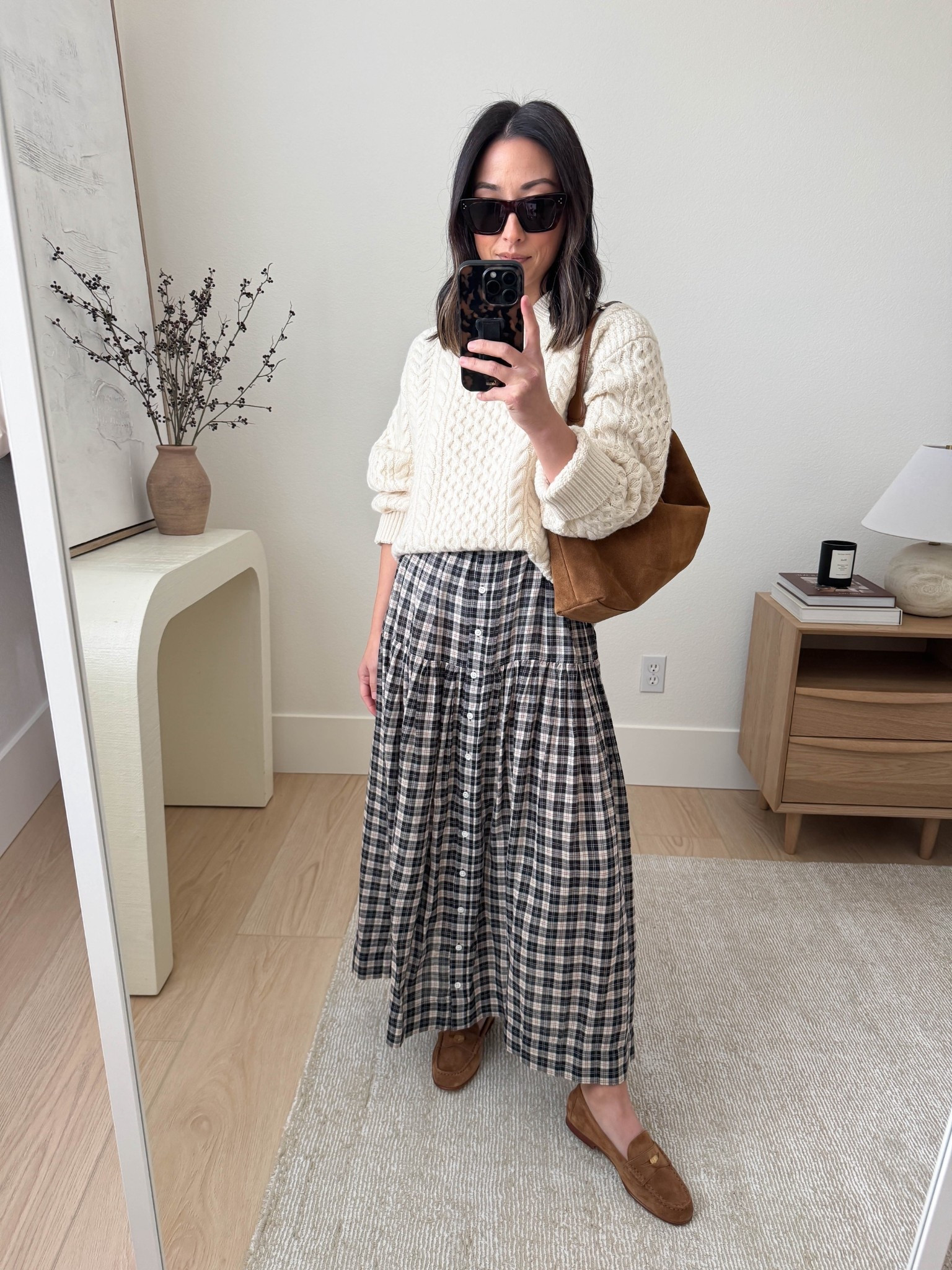 Thanksgiving 2025 outfit idea. I love an elevated check print. This skirt is old Doen, but they'll probably come out with something later this fall. Sweater is also old Doen as well. I will link similar. 

Doen sweater small
Doen skirt small
Veronica Beard loafers 5.5, but run tts
Liffner shoulder bag
Celine sunglasses

Petite style, fall outfits, fall style, thanksgiving outfit, holiday outfit 

#LTKPetite #LTKSeasonal #LTKHoliday