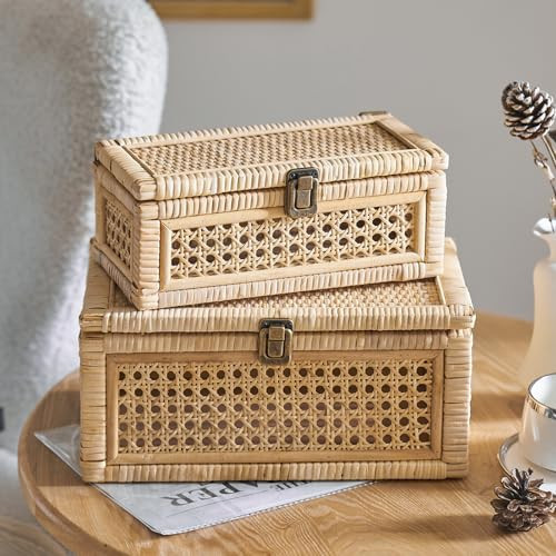 HuiDao Rattan Box, Boho Decorative Boxes with Lids, Set of 2 Rectangular Wicker Storage Basket, Natural Woven Cane Bins for Home Decor (Rectangular) | Amazon (US)