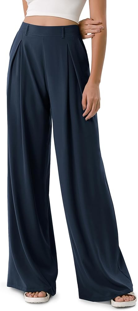 ODODOS Chiffon Flowy Pleated Wide Leg Pants for Women Lightweight High Waist Trouser with Pockets... | Amazon (US)