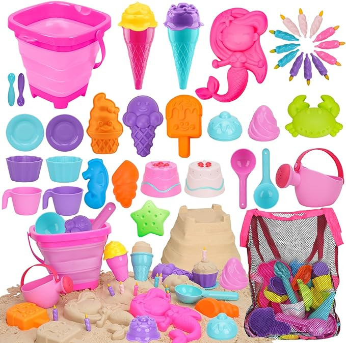 TOY Life 41 Pcs Beach Toys for Kids Ages 4-8 Collapsible Sand Toys Toddlers with Silicone Bucket ... | Amazon (US)