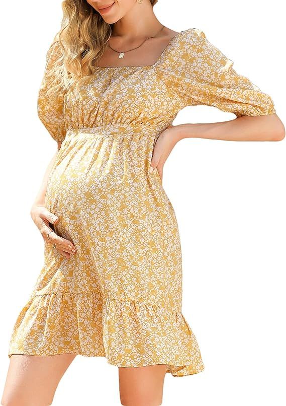 KOJOOIN Maternity Dress Summer Women Tie Back Square Neck Puff Sleeve Off Shoulder Pregnancy Baby... | Amazon (US)