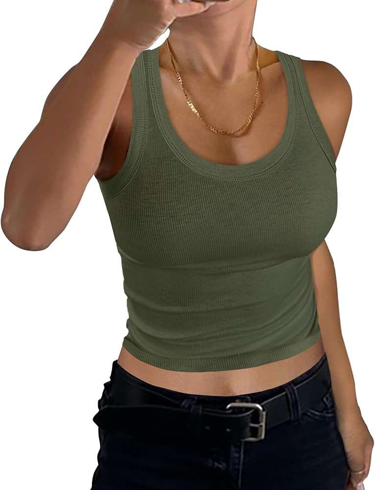 GEMBERA Women Sleeveless Scoop Neck Racerback Ribbed Knit Fitted Teen Basic Crop Tank Top Shirt | Amazon (US)