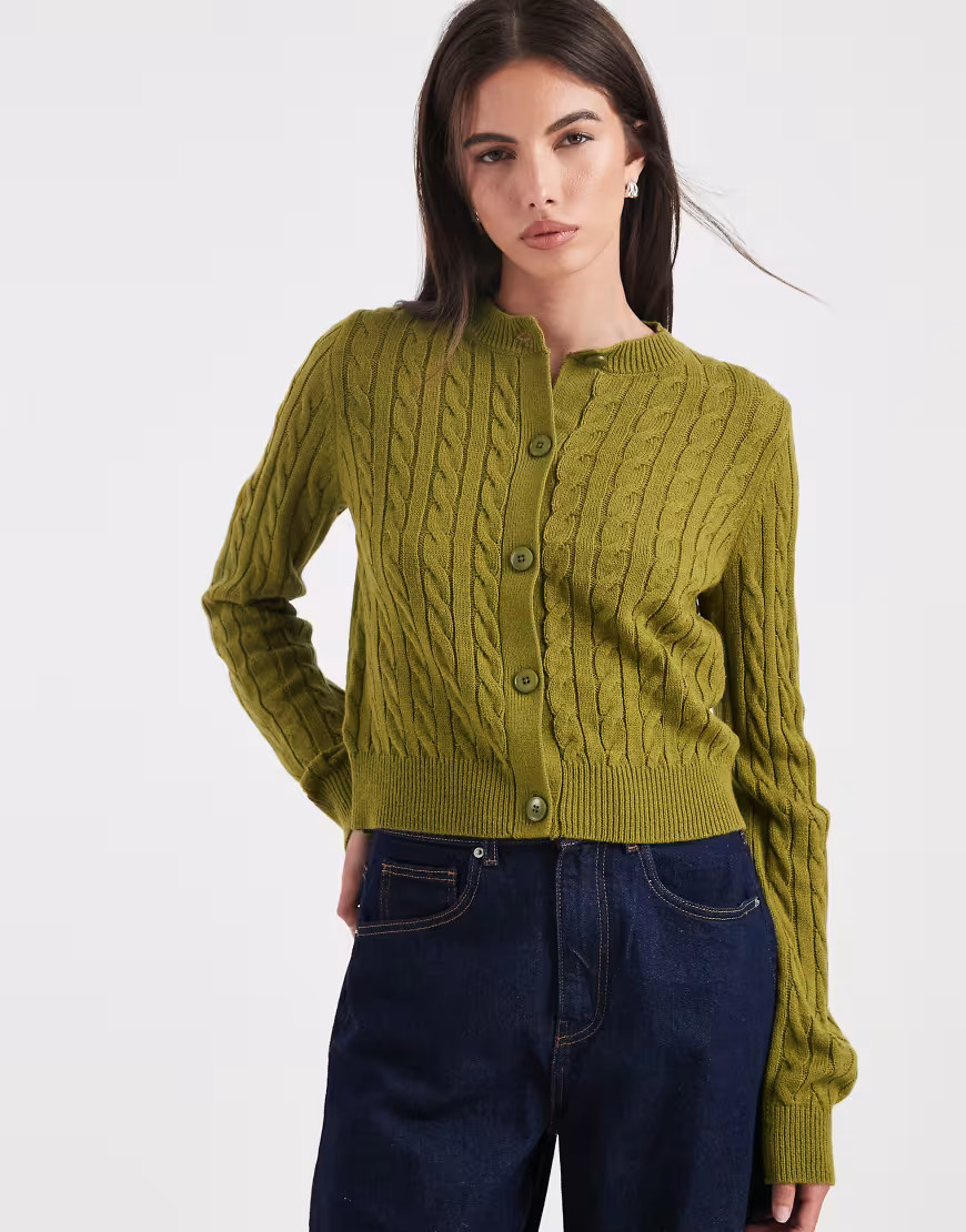 Miss Selfridge cable knit crew neck cardigan in olive-Green | ASOS (Global)