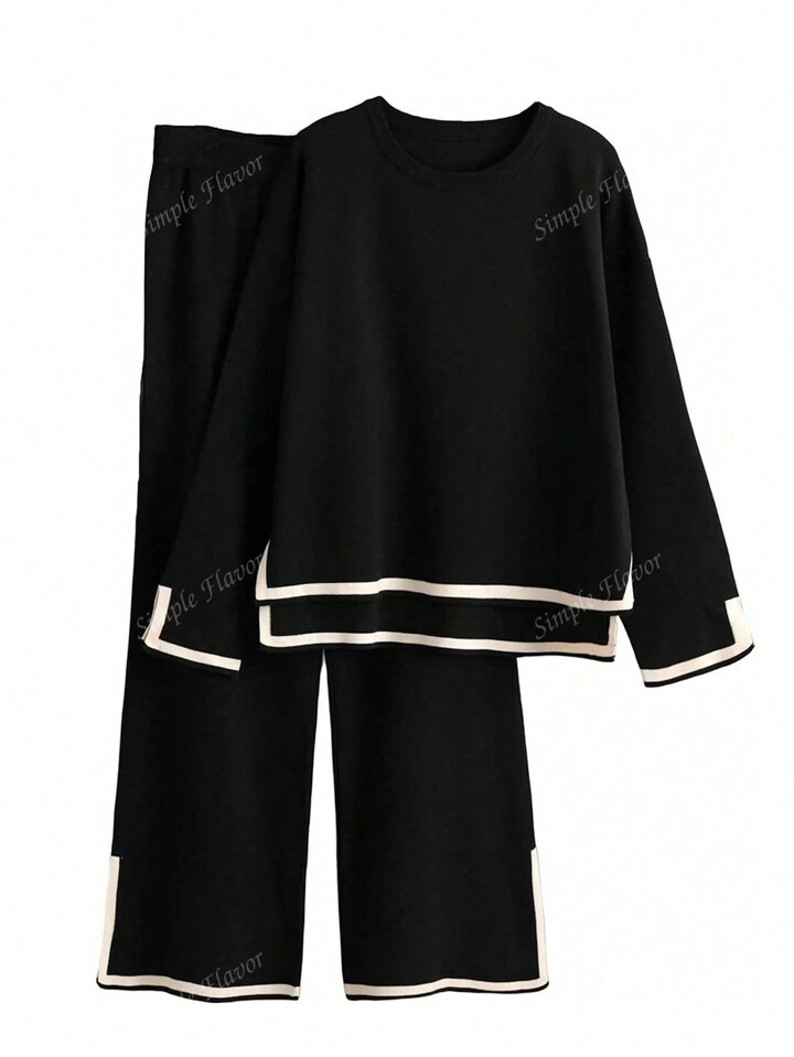 2pcs Women Knitted Sweater & Pants Set, Casual Contrast Color Knit Tops & Trousers Suit, Autumn/W... | SHEIN