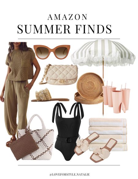 Amazon Summer Finds | Amazon Summer outfit inspo | amazon beach outfit | neutrals | black swimsuit | best seller beqch finds | two piece sweater outfit | sunglasses | inspired tote bag 

#LTKswim #LTKSeasonal #LTKstyletip