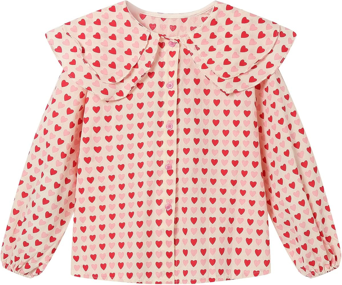 LittleSpring Girls Button Down Shirt witn Peter Pan Collar Heart Printing Valentine's Day Blouse | Amazon (US)