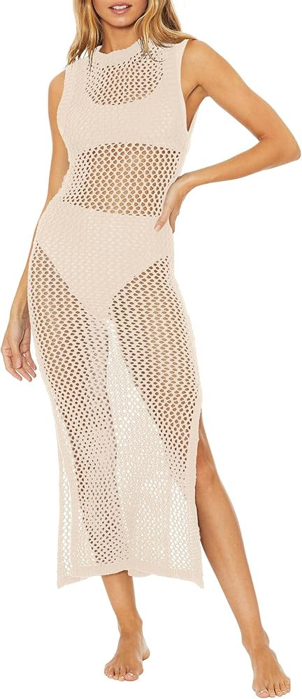 Ebifin Womens Sexy Cover Ups Crochet Dress Sleeveless Crew Neck Hollow Out Beach Cover Up Side Sl... | Amazon (US)