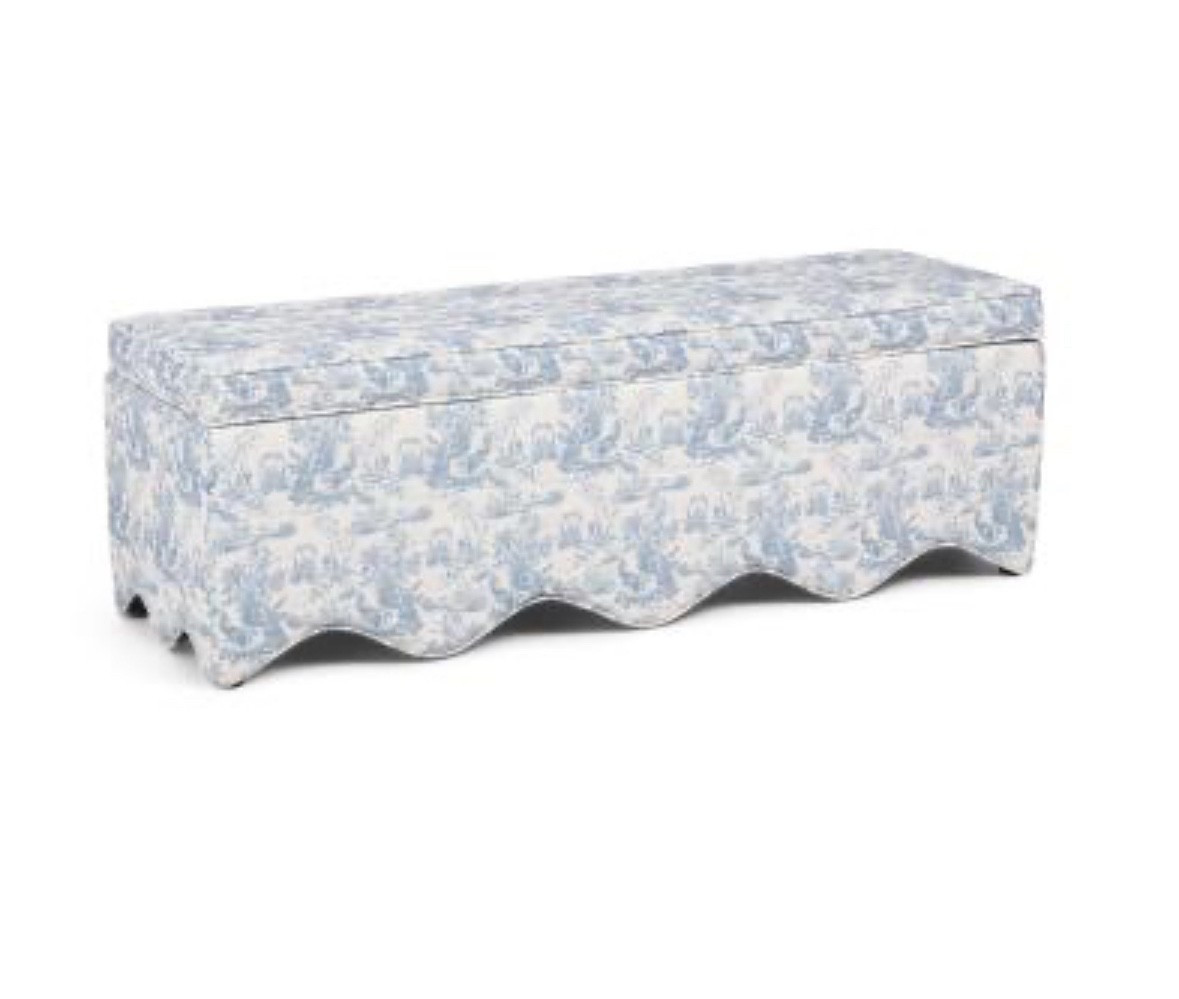 How gorgeous is this blue toile scalloped edge storage bench? So pretty to add to the end of a bed or even as a coffee table to a cute couch! 🎀🩷 love that it has storage space inside ! 

#LTKSeasonal #LTKHome