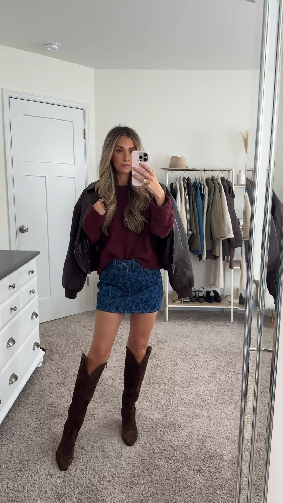 The perfect fall date night or winery outfit! I love the burgundy, navy and chocolate brown together 🤎  would also be a perfect Thanksgiving outfit 
+ sweater: xs
+ bomber jacket: xs
+ denim mini skirt: 23 
+ brown suede boots: true to size 

Fall outfit
Fall fashion 
Fall style
Thanksgiving outfit
Date night outfit
Winery outfit 


#LTKFallSale #LTKFindsUnder100 #LTKStyleTip