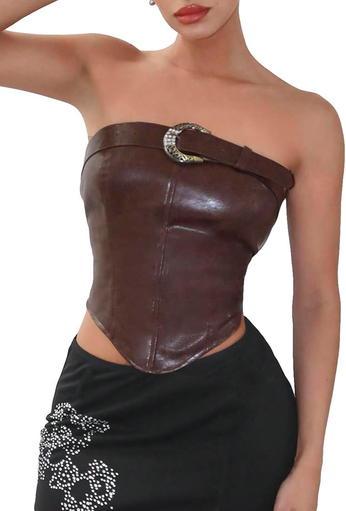 OYOANGLE Women's Buckle Detail Strapless Tube Top Asymmetrical Hem Pu Leather Crop Tank Tops Bron... | Amazon (US)