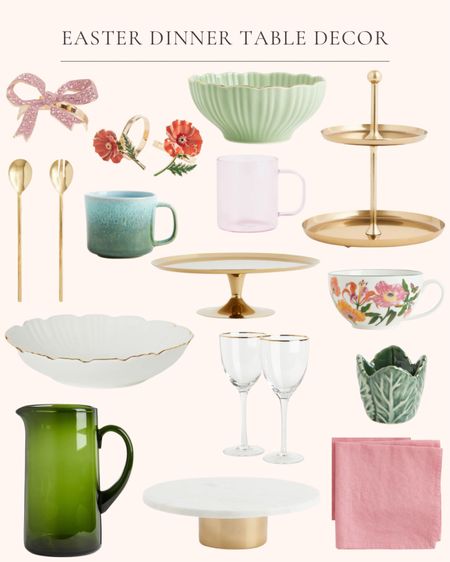 Easter dinner table decor. Dinnerware. Spring table decor. Table setting. Pink bow napkin ring. Pink flower napkin rings. Green scalloped serving bowl. Gold two tier cake stand. Pink glass mug. Green stoneware mug. Gold metal salad servers. Gold metal cake stand. Floral cup. Green cabbage leaf egg cups. Gold rimmed stemware. White and gold scalloped serving bowl. Green glass pitcher. Marble cake stand. Pink linen blend napkins  

#LTKhome #LTKfindsunder50