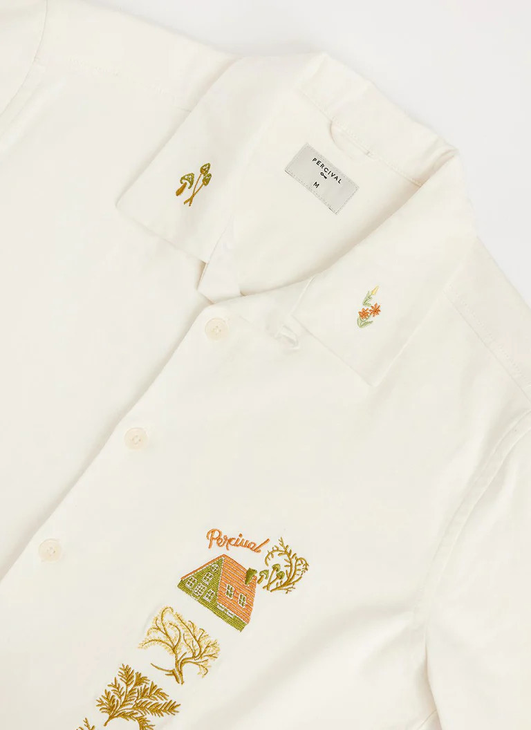 Cul De Sac Overshirt | Embroidered Cotton Twill | Ecru | Percival Menswear