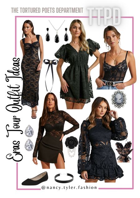 The Tortured Poets Department Taylor Swift Black Lace Outfit Ideas. 📝🤍 Eras Tour 2024 outfit ideas!  🤍🪶I linked some other items to this post as well. 🤍📚📖
#TaylorSwift #ErasTour #TTPDTaylorSwift  #TaylorSwiftTTPD #TheTorturedPoetsDepartment #TheTorturedPoetsDepartmentTaylorSwift Taylor Swift Eras Tour Ideas, Taylor Swift Lover Era, Taylor Swift 1989, Taylor Swift Movie, Taylor Swift Fearless, Taylor Swift Speak Now, Taylor Swift Red, Taylor Swift reputation, Taylor Swift evermore, Taylor Swift folklore, Taylor Swift outfits, Taylor Swift Eras Tour outfit ideas, Taylor Swift Eras Tour inspo, Taylor Swift inspo, Taylor Swift TTPD, Taylor Swift The Tortured Poets Department, , Taylor Swift Eras Tour TTPD outfits, TTPD outfit, The Tortured Poets Department  Taylor Swift outfits, white Taylor Swift accessories, black Taylor Swift outfits, black outfits, black accessories, black dresses, spring black dresses, summer black dresses, black party dresses, black prom dresses, black shower dresses, black sequin dresses, black sparkly dresses, shiny black dresses, fun dresses, formal dresses, black prom dresses, poetry, Tortured Poets, black formal dresses, brooches, black gloves, formal black gloves, choker necklaces, corset tops, corset dresses, women’s black shorts, black Converse shoes, black lace top

#LTKstyletip #LTKFestival #LTKparties