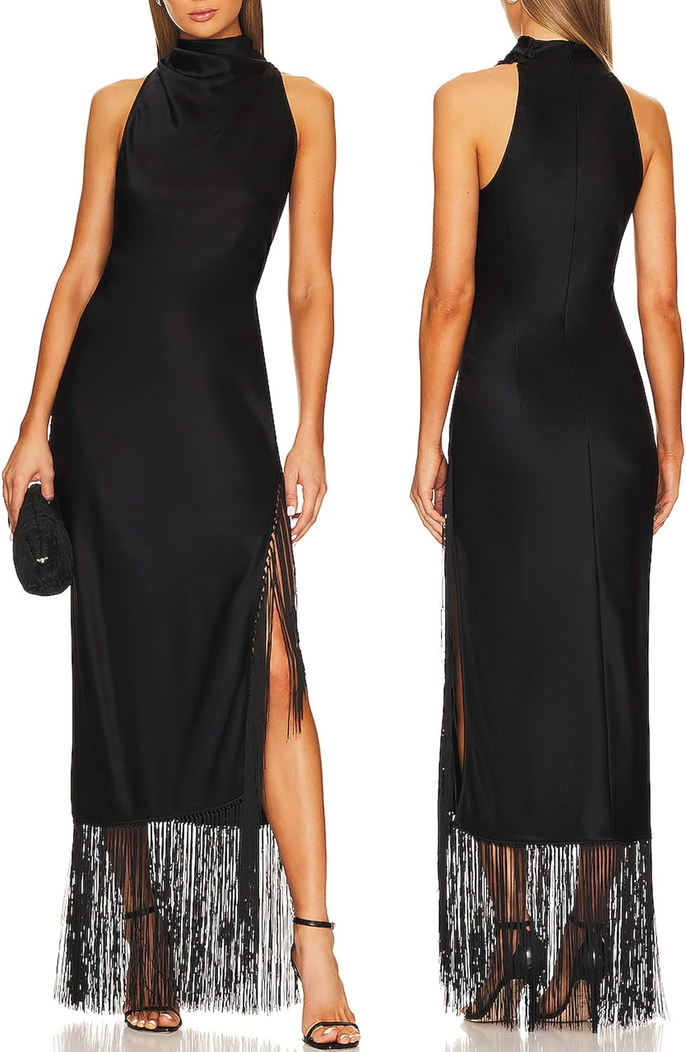 Women Gatsby Vintage Flapper Maxi Dress Halter Tassel Hem Gowns with Slit | Amazon (US)