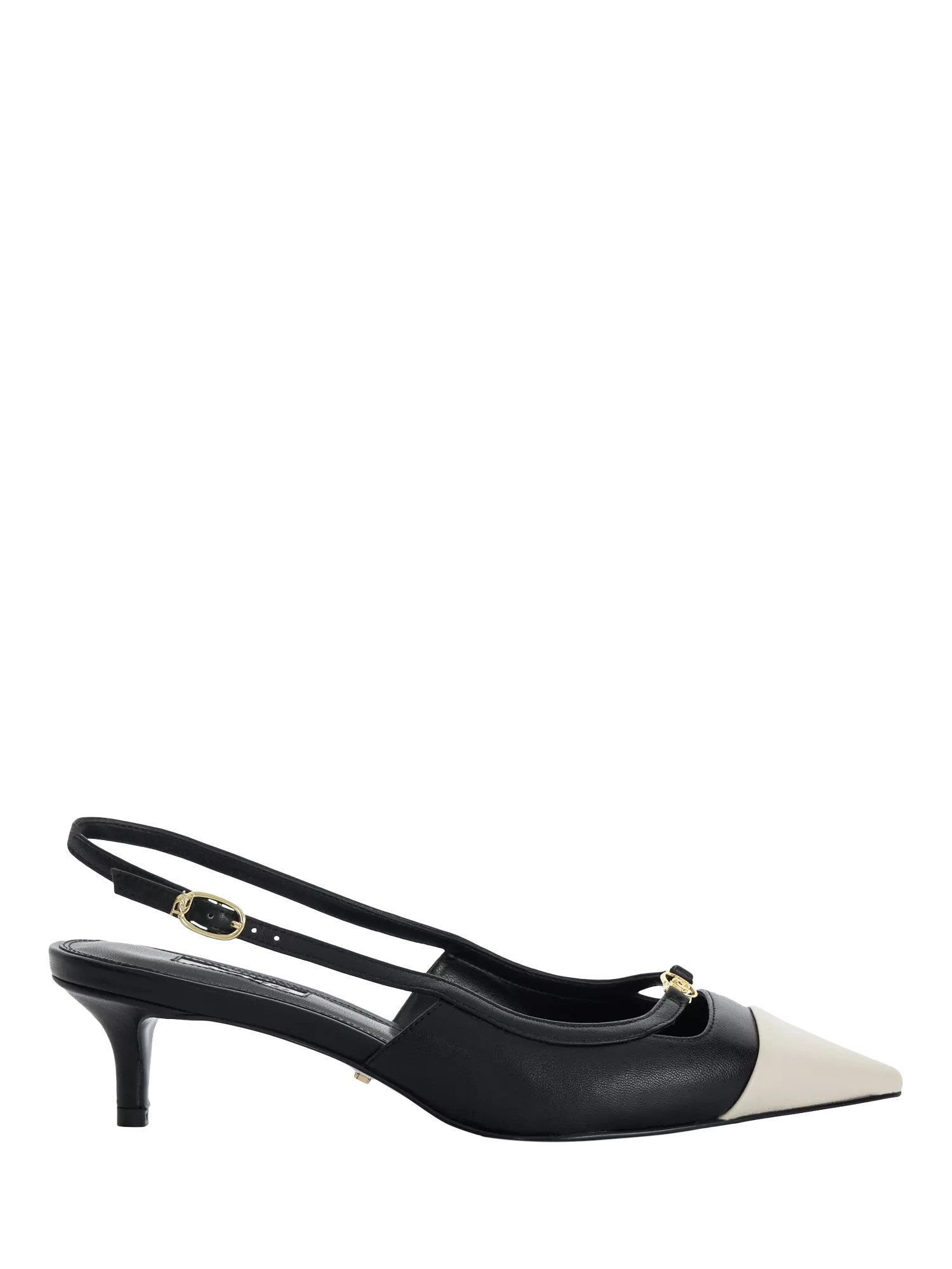 Dune Capsule Leather Pointed Slingback Courts, Black/Cream | John Lewis (UK)