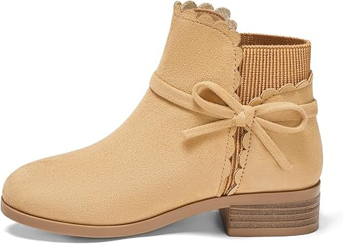 Coutgo Girls Toddler Bow Ankle Boots Pull On Low Chunky Heel Fall Dress Booties Shoes | Amazon (US)