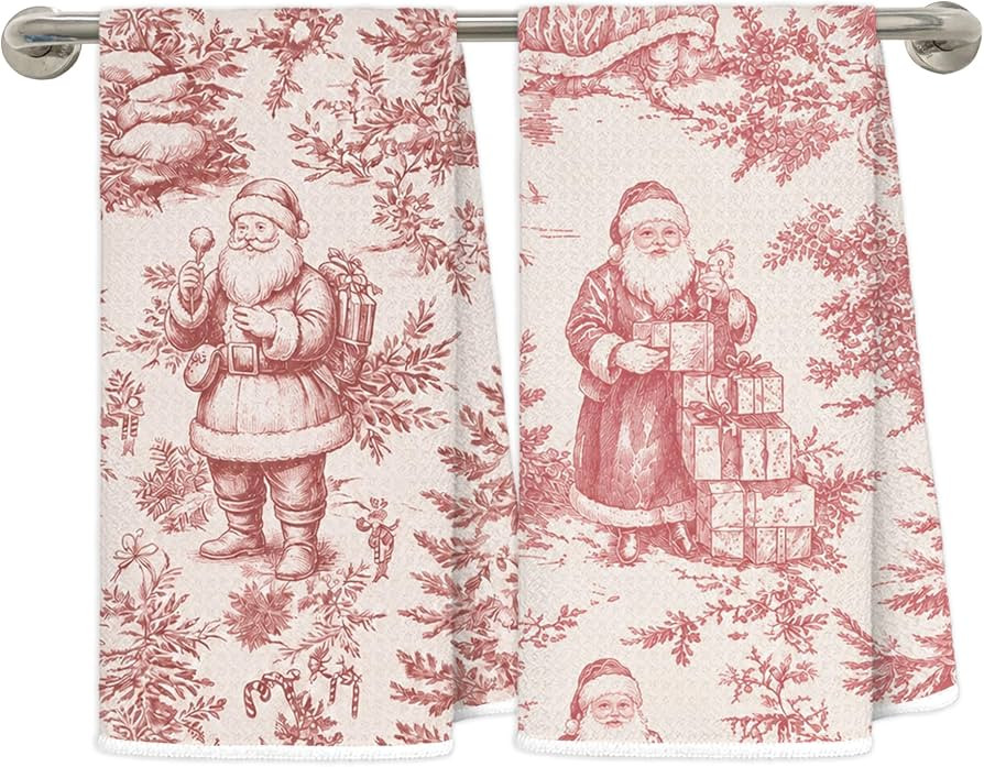 Pink and White Chinoiserie Christmas Santa Kitchen Dish Towels, Grandmillennial Holiday Xmas Tree... | Amazon (US)