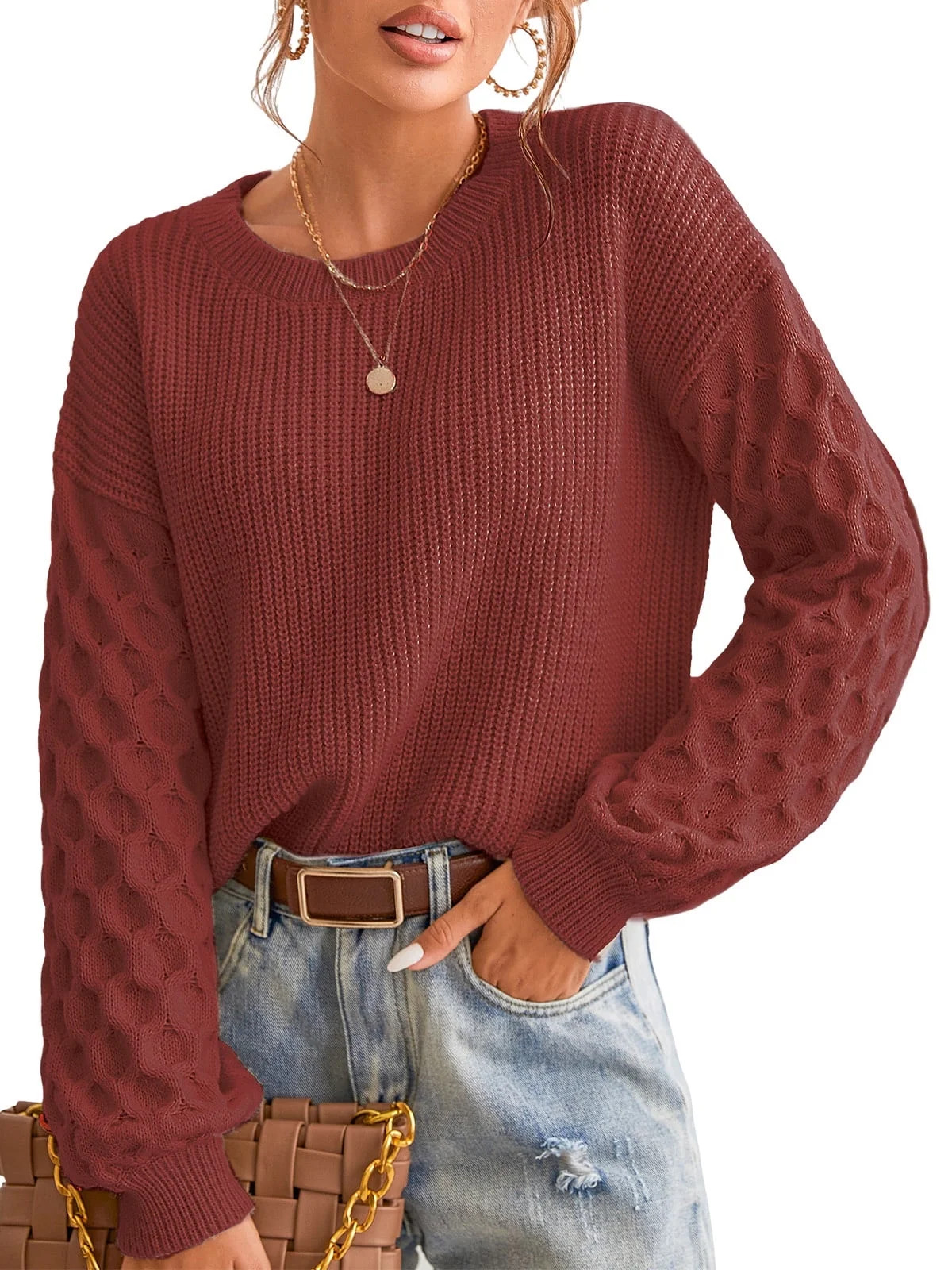 CUPSHE Women's Sweater Long Sleeve Crewneck Sweaters Cable Knit Tops | Walmart (US)