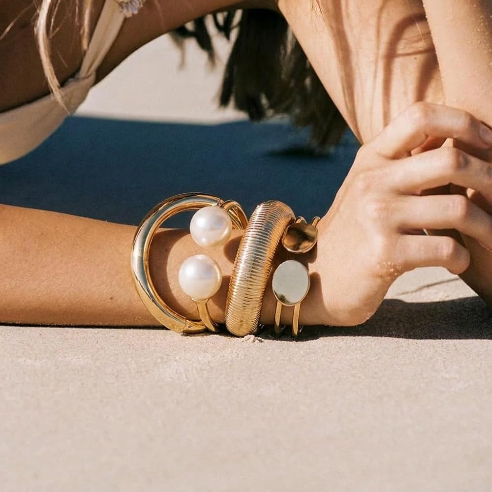 Boho Gold-Tone Cuff Bangle Bracelet Set for Women - Chunky Waterdrop Irregular Wide Stackable Min... | Amazon (US)