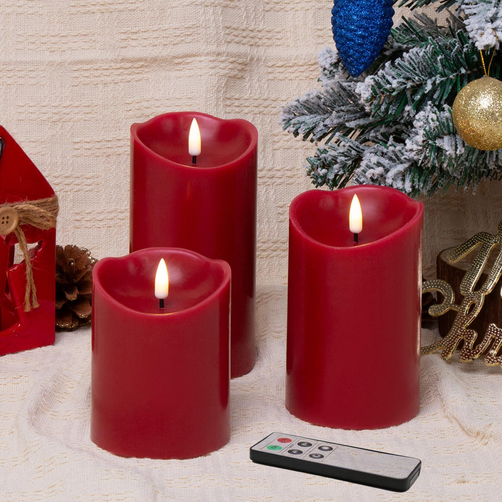 Eywamage Red Flameless LED Pillar Candles with Remote, Real Wax Flickering Christmas Candles Batt... | Amazon (US)