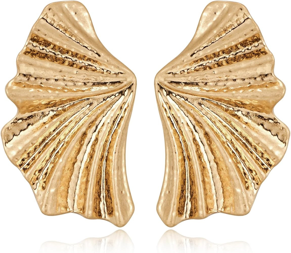WOWORAMA Gold Statement Earrings for Women Gold Seashell Flower Earrings Boho Textured Ocean Wave... | Amazon (US)