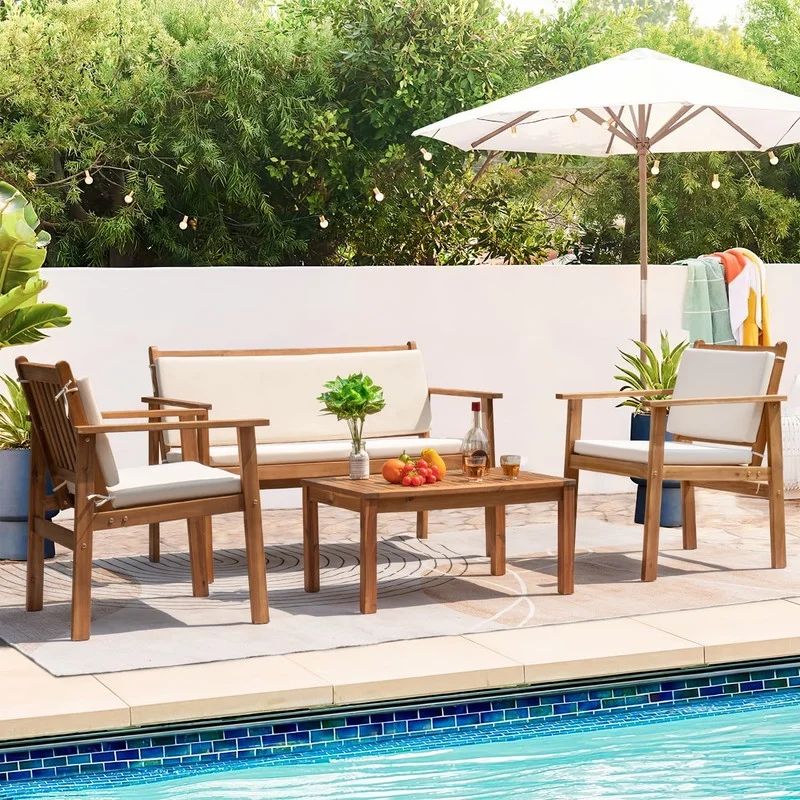 Devoko 4pcs Patio Wood Furniture Sets with Cushion and Table, Outdoor Acacia Conversation Chair a... | Walmart (US)