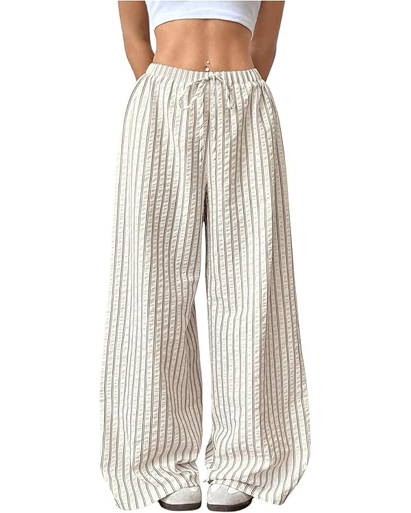 GORGLITTER Women's Striped Wide Leg Casual Pants Oversized Drawstring Waist Baggy Trousers | Amazon (US)