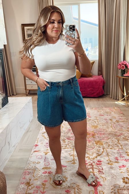 curvy spring denim shorts look! wearing size xl in fitted white cropped tee and size 33 for 90s shorts for a looser look 

#LTKSeasonal #LTKunder100 #LTKcurves