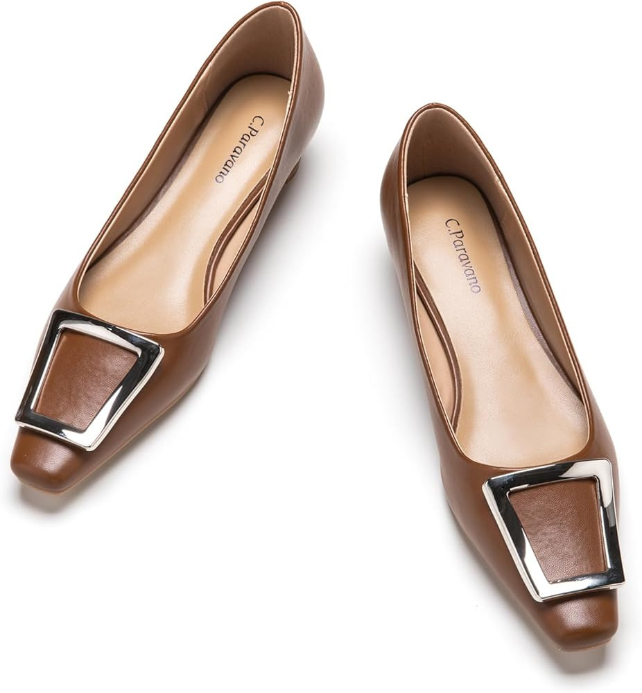 C.Paravano Women's Pumps | Closed Toe Chunky Heel | Leather Low Block Heels | Square Toe Low Heel... | Amazon (US)