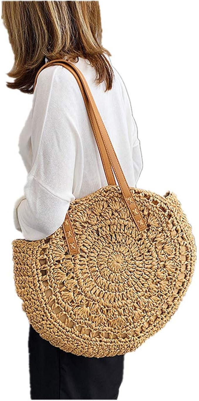 Large Bag Round Straw Beach Bag,Women Holiday Woven Tote Bag,Handle Shoulder Rattan Bag | Amazon (US)