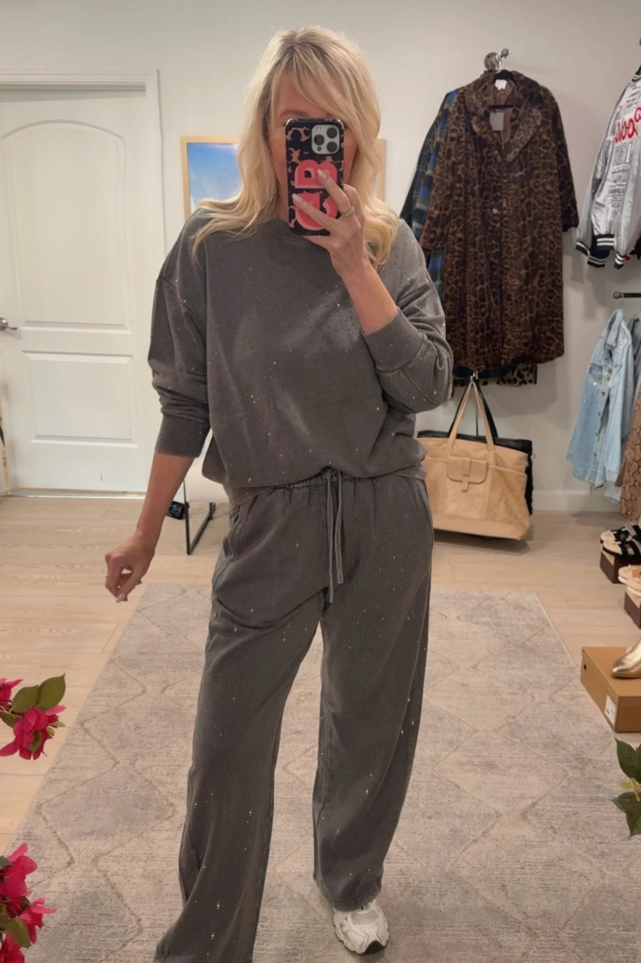 NEW!! "Off Duty" Rhinestone Sweatpants in Grey | Glitzy Bella