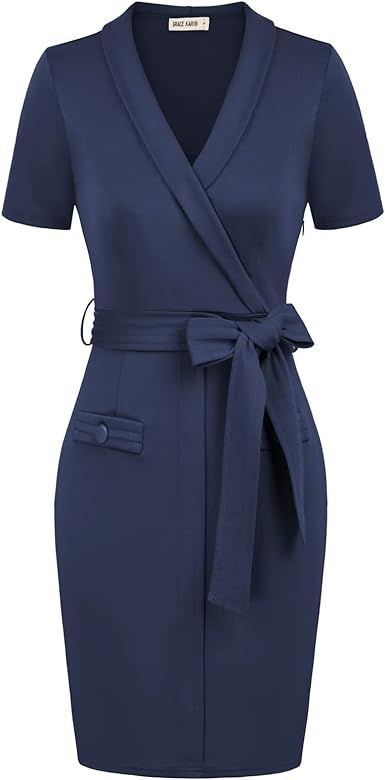 GRACE KARIN Women’s Classic V Neck Business Pencil Dress Shawl Collar Short Sleeve Belted Office Par | Amazon (US)