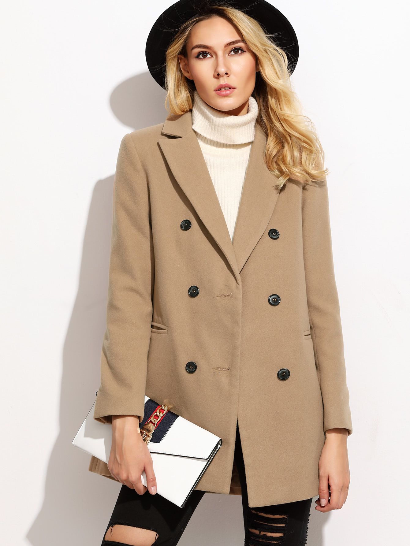 SHEIN Camel Double Breasted Coat With Welt Pocket | SHEIN