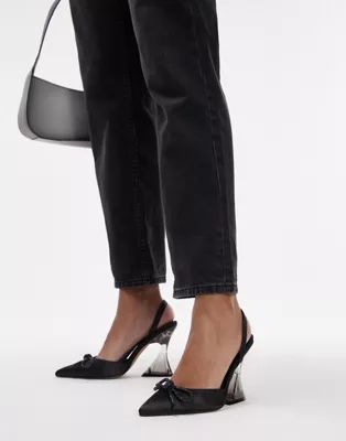 Topshop Rain sling back heeled court with bow in black | ASOS (Global)