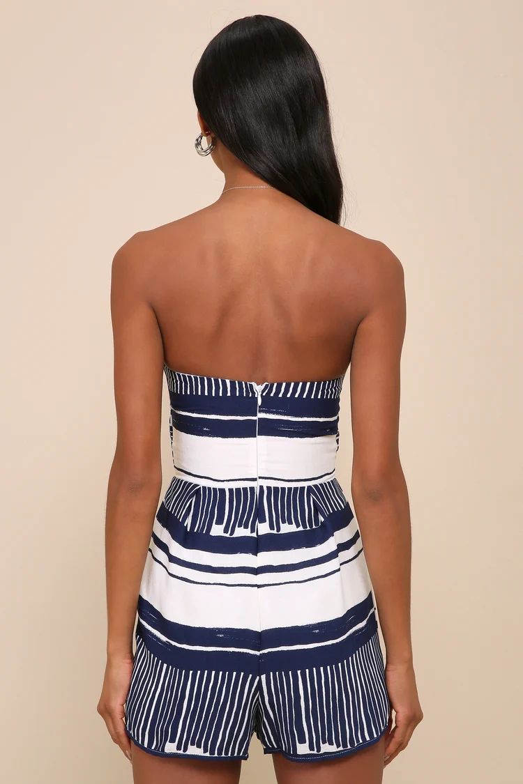 Delphi Blue and White Striped Tie-Front Strapless Romper | Lulus